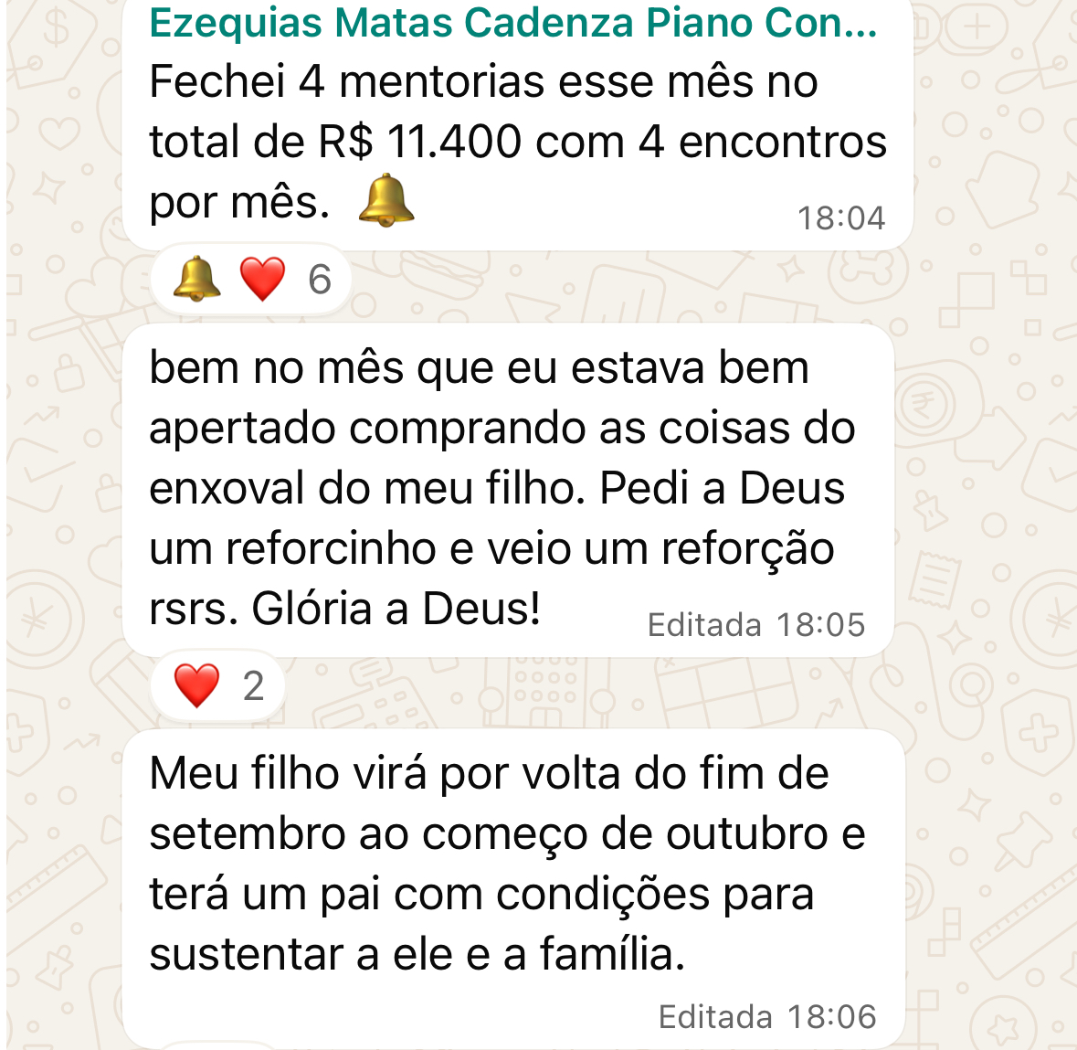 Mensagem de WhatsApp do professor Ezequias Matas sobre faturar R$ 11.400 em mentorias